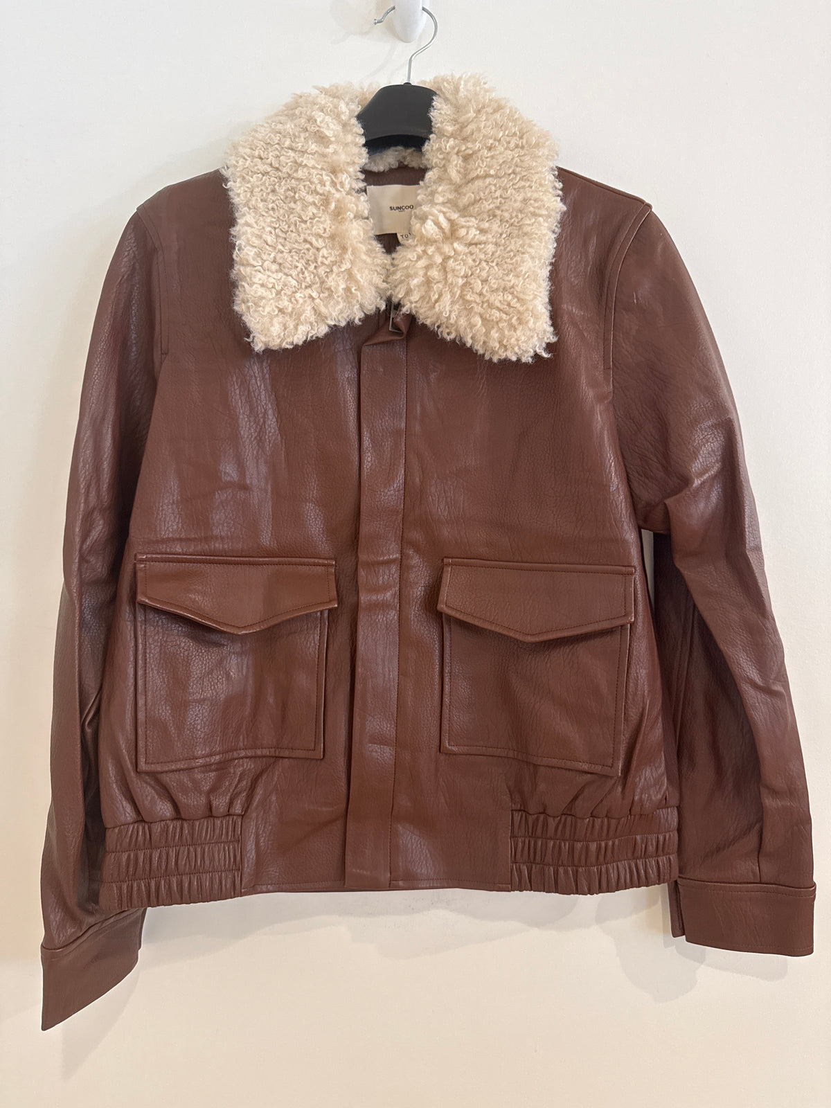 Suncoo Leather Bomber Jacket With Fur Collar