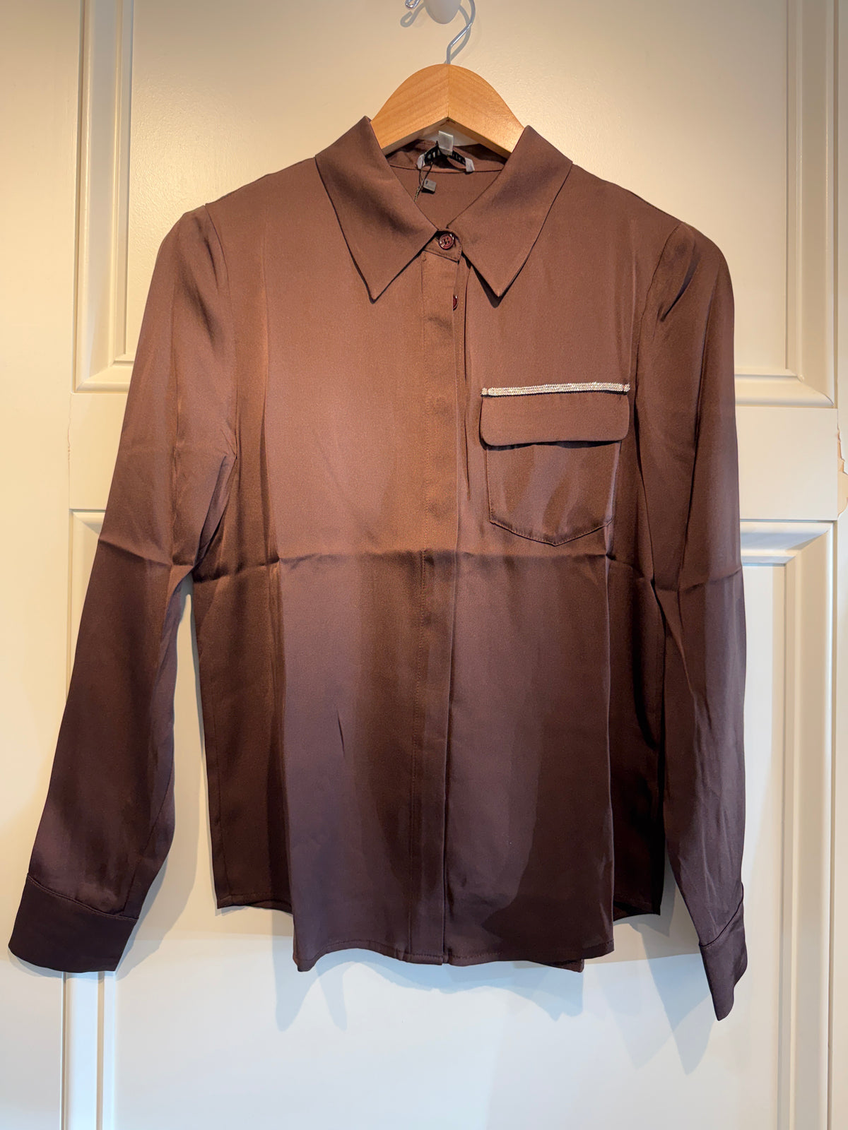 Jessie Liu Silk Button Down Blouse With Metallic Chain Trim
