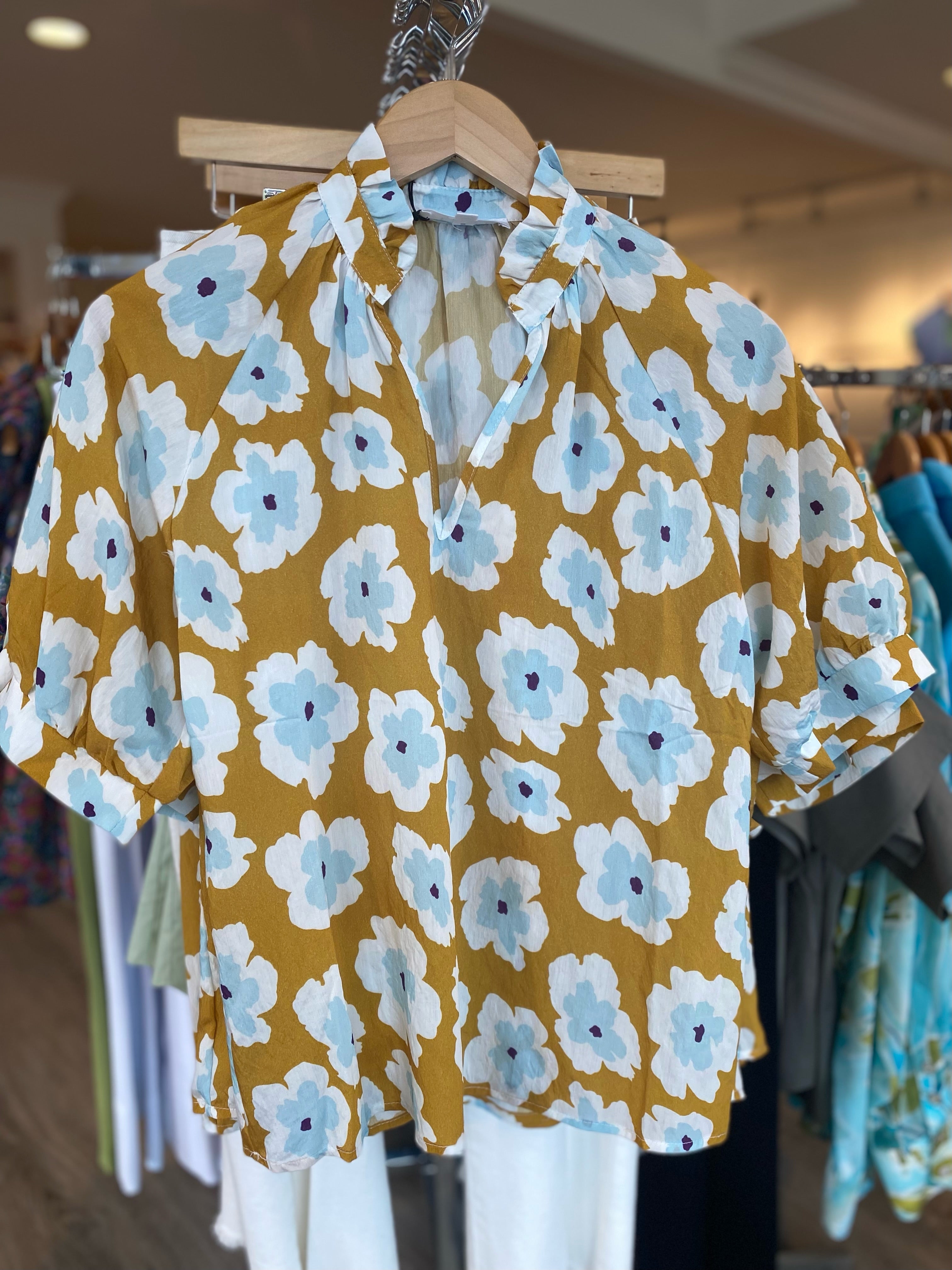 Goldenrod V Neck Top with Light Blue Flowers